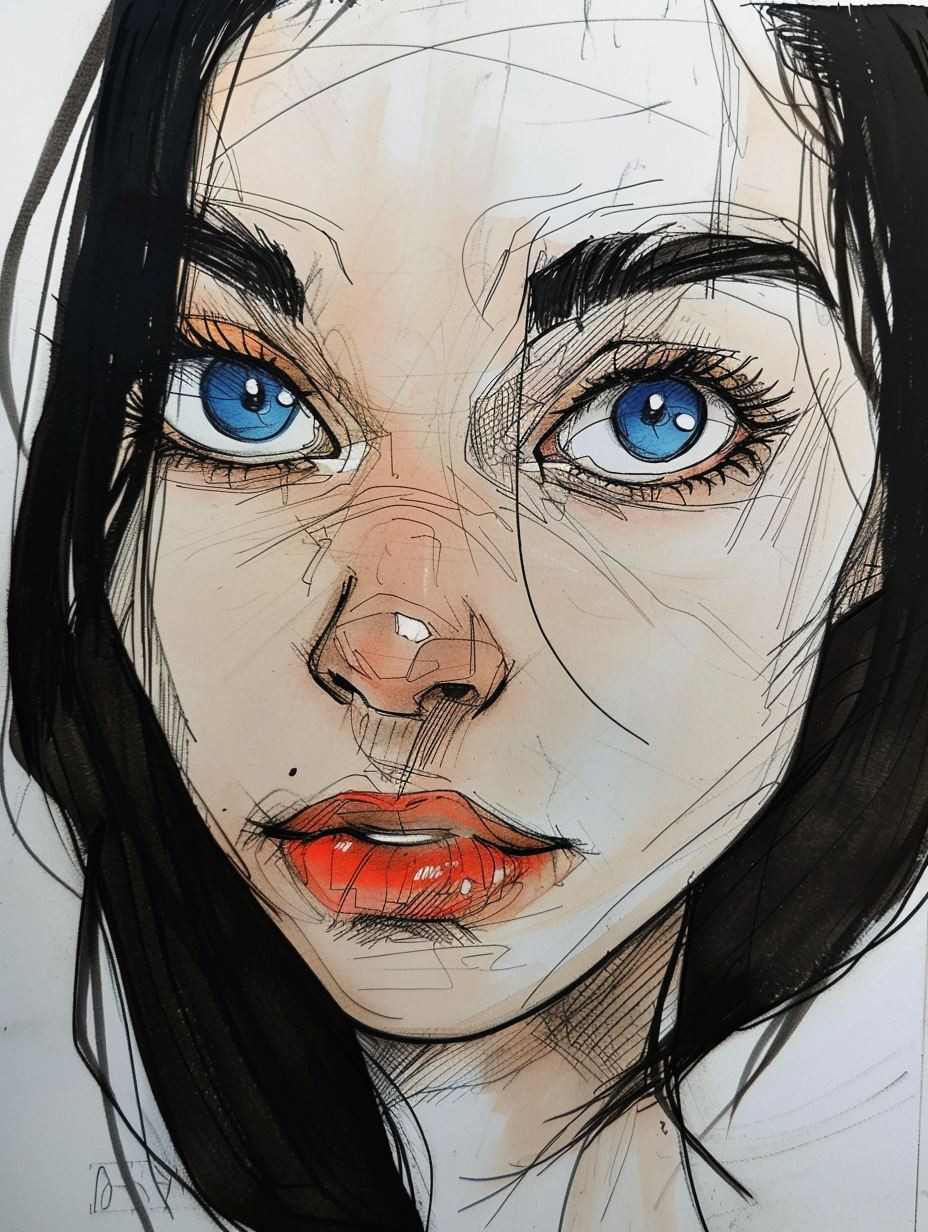 Raw Ink Portrait with Azure Eyes - Image 1