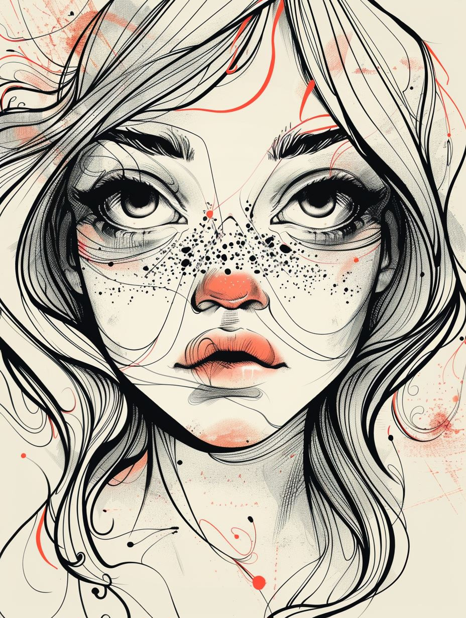 Whimsical Ink and Crimson Portraits - Image 1