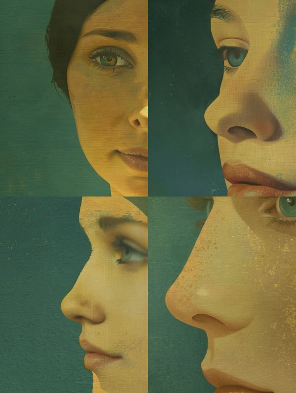 Fragmented Gazes in Teal and Gold