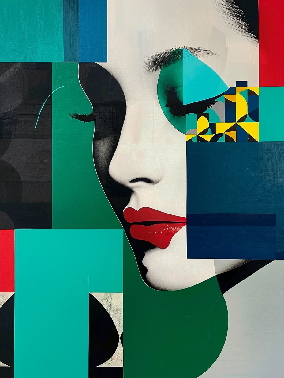 Fragmented Beauty in Teal and Crimson - Image 4