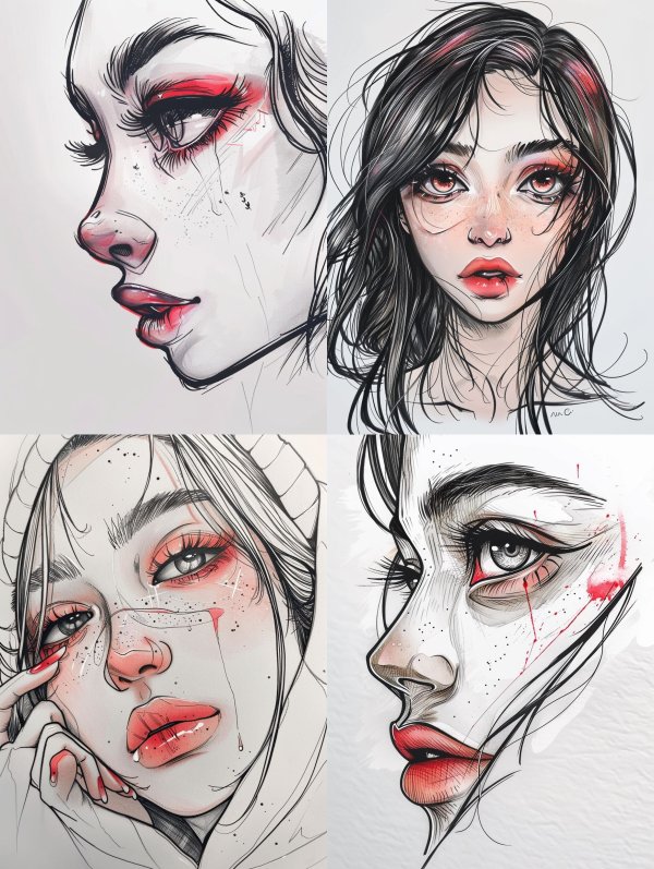 Melancholic Crimson Ink Portrait