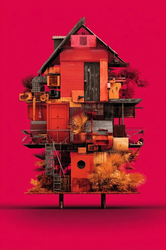 Vibrant Red Surrealist Art Collage - Image 6