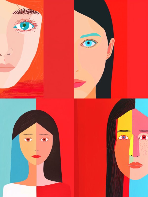 Fragmented Gazes in Bold Primary Colors