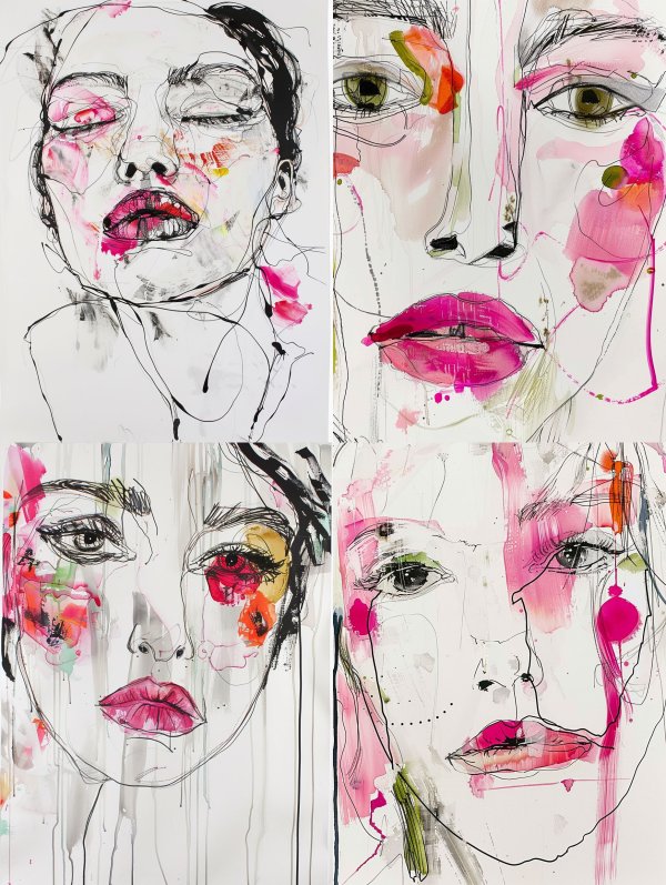 Abstract Feminine Faces in Ink and Watercolor