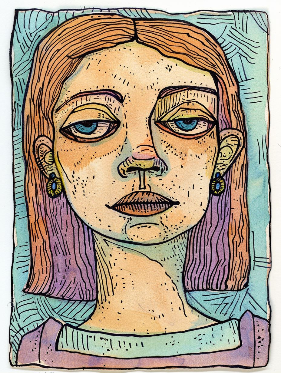 Whimsical Ink Portrait of Melancholy - Image 1