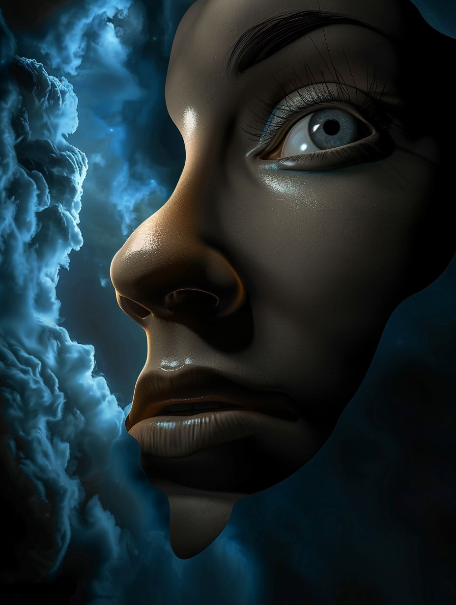 Ethereal Gaze in Cosmic Mist - Image 1