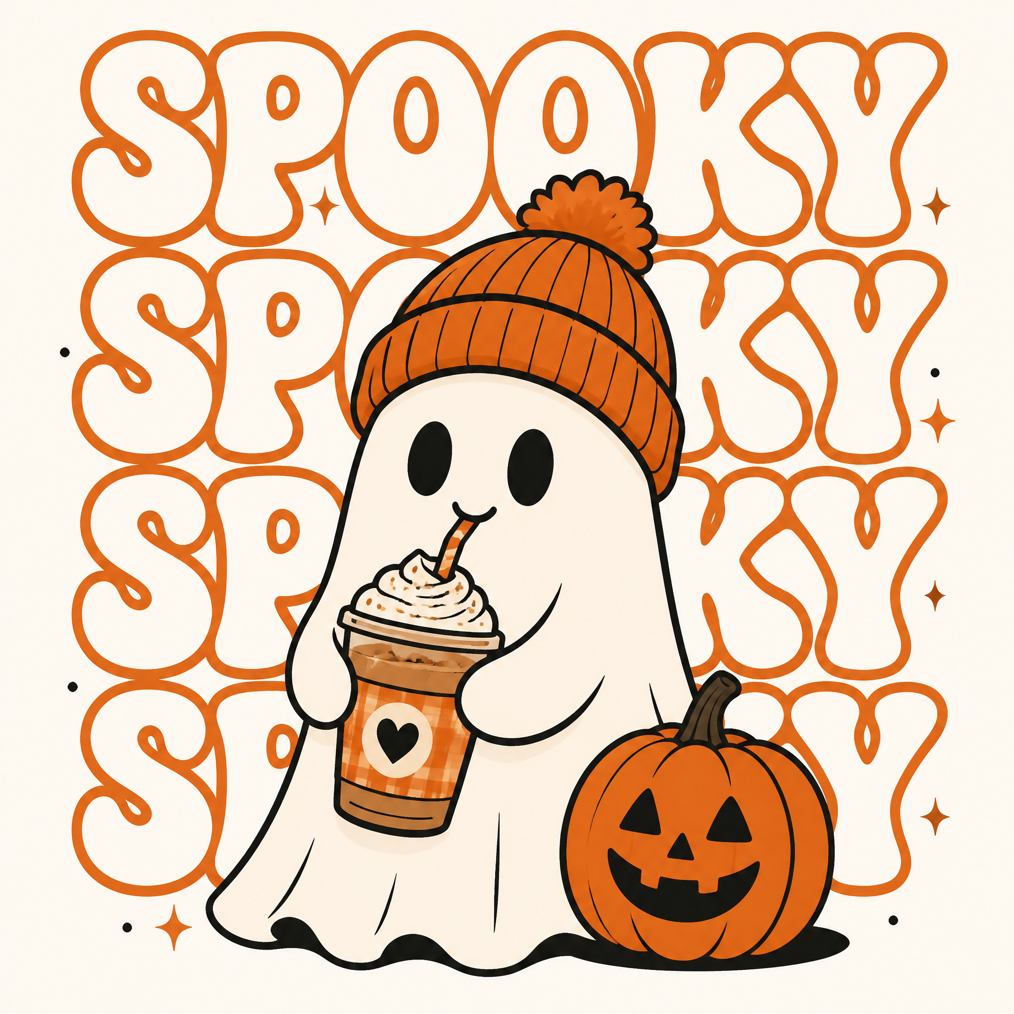 Retro Groovy Ghost with Iced Coffee Halloween Illustration