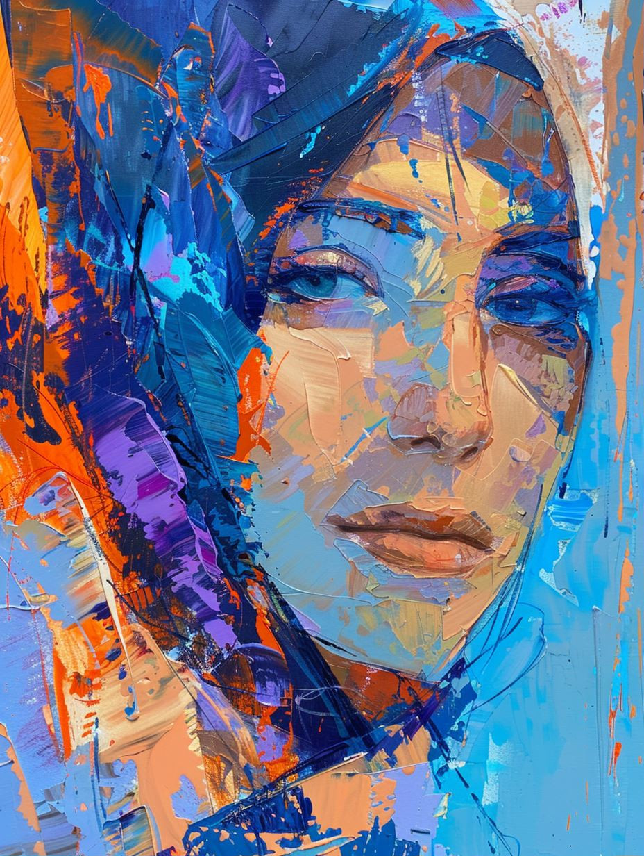 Vibrant Impasto Portrait in Blue - Image 1