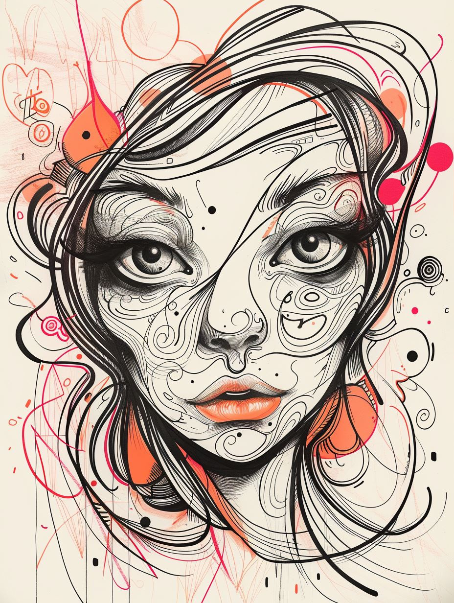 Whimsical Ink and Crimson Portraits - Image 3