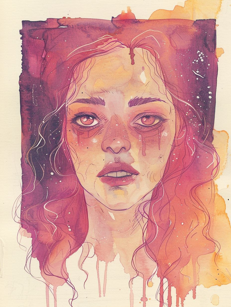 Melancholy in Crimson Watercolor - Image 1