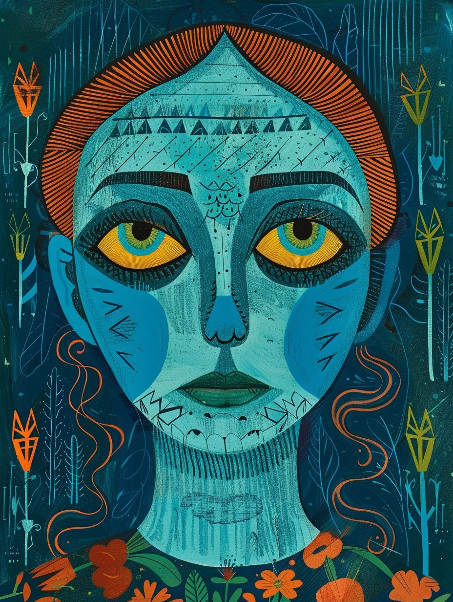 Azure Mysticism Folk Art Portrait