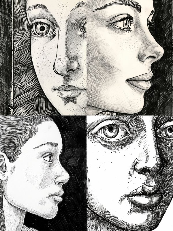 Fragmented Gazes in Monochrome Ink 1