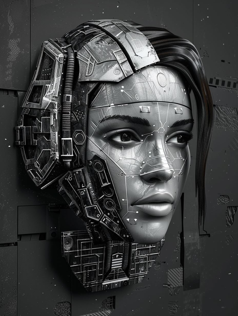 Monochrome Cybernetic Humanoid Portrait