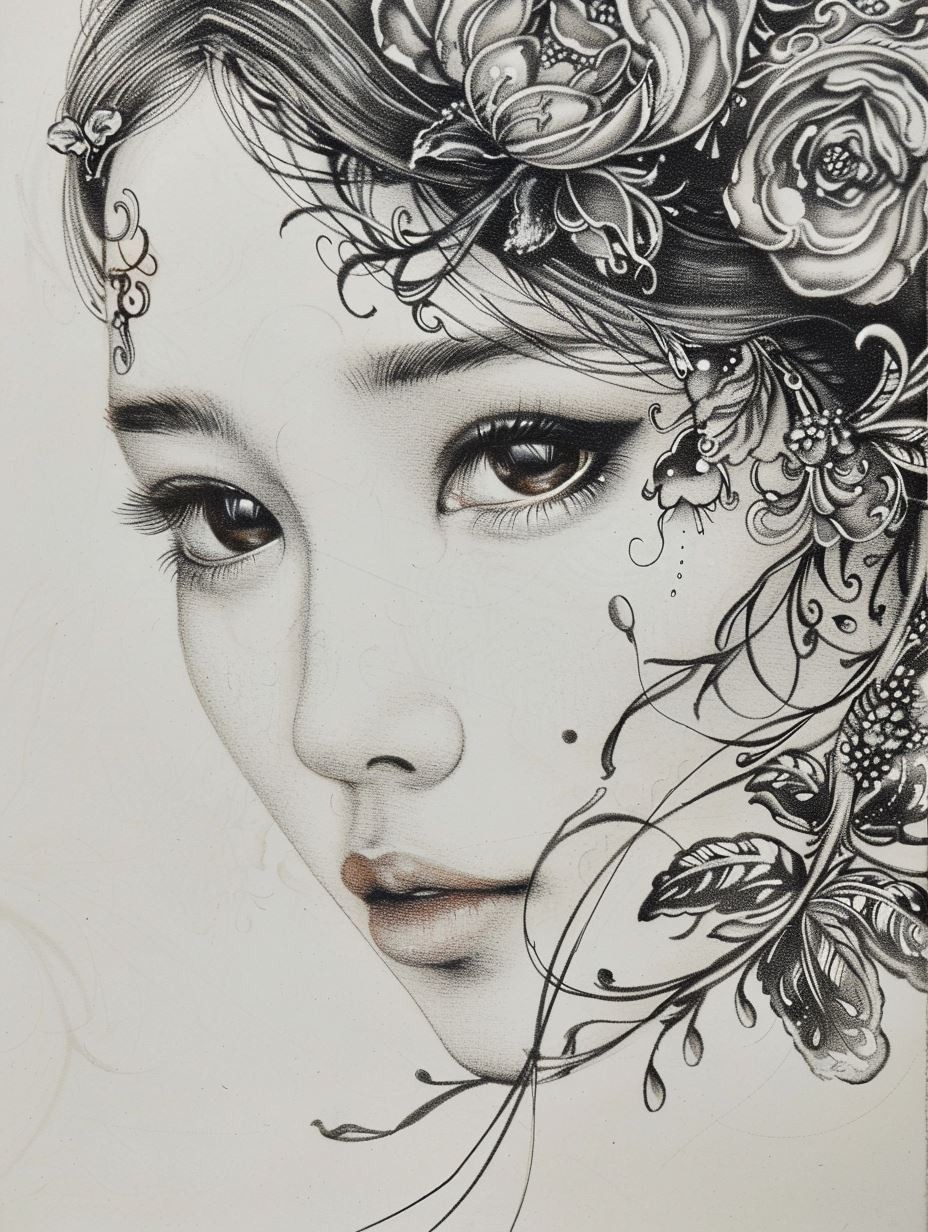 Ethereal Floral Ink Portrait