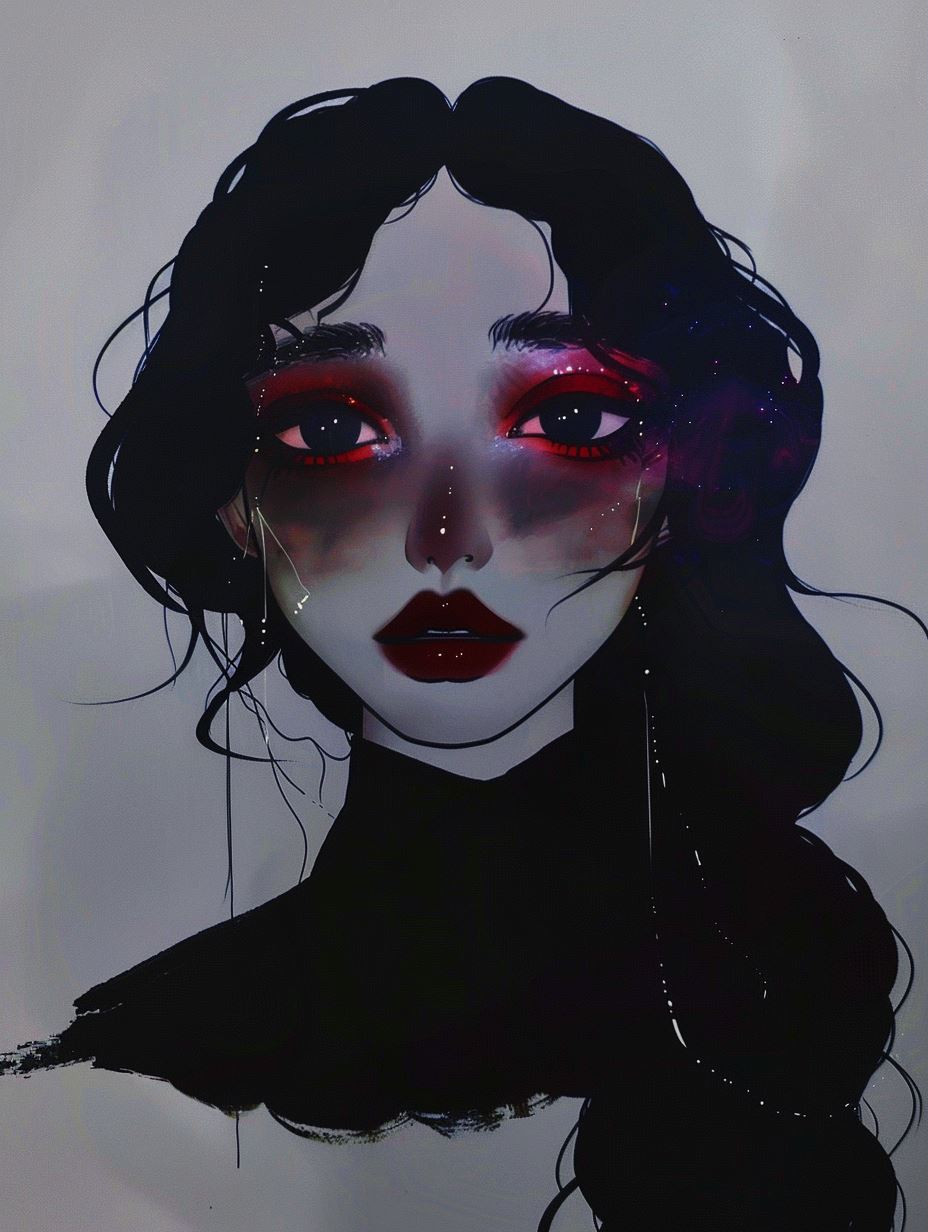 Melancholy Gaze in Crimson Hues - Image 1