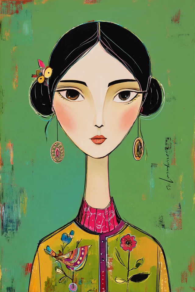 Whimsical Folk Portrait - Image 1