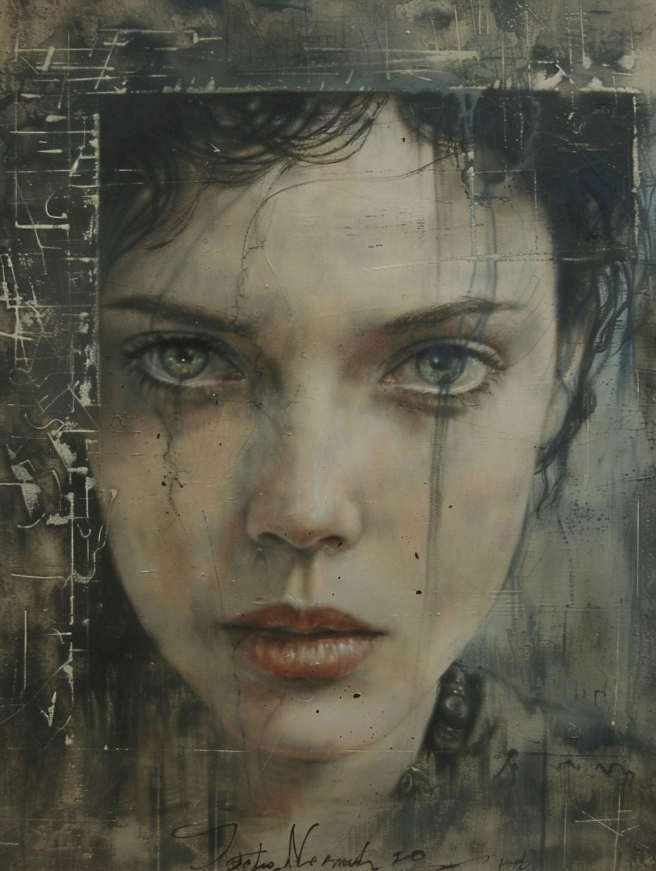 Melancholy Gaze in Distressed Oil - Image 1