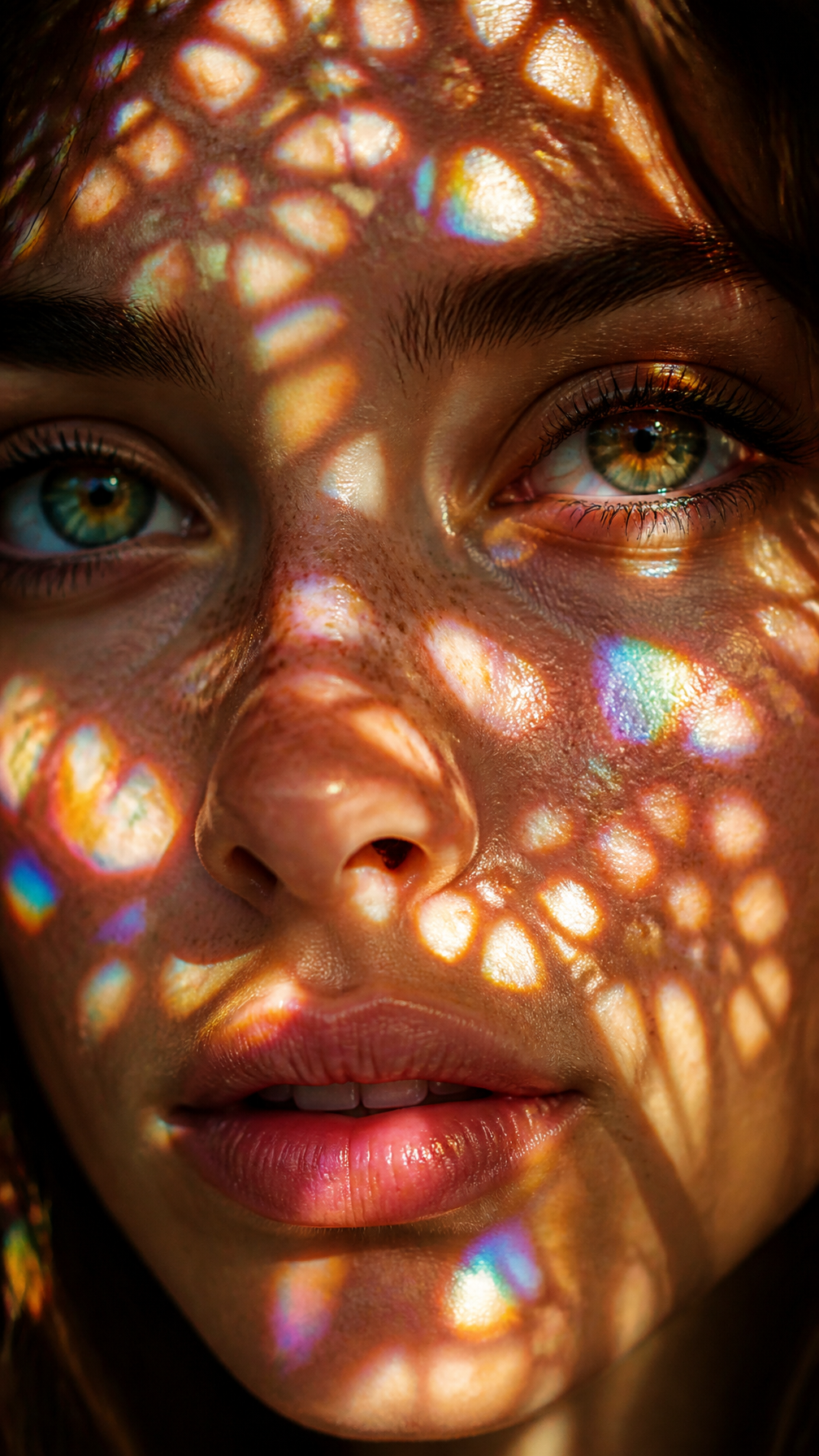 Prismatic Light Patterns on Young Woman's Face