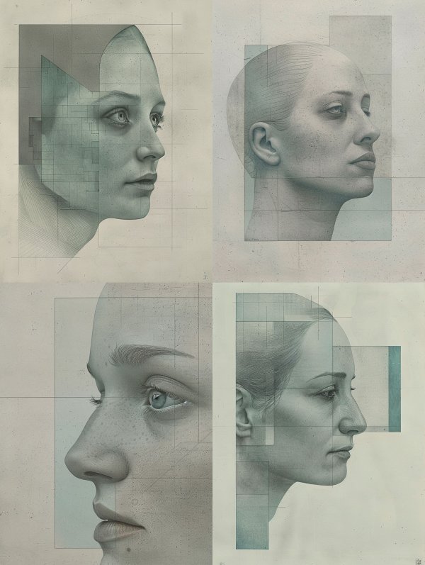 Fragmented Portraits in Geometric Teal Tones