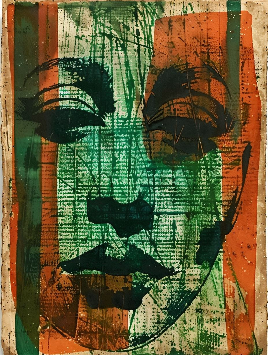 Abstract Faces in Green and Orange - Image 1