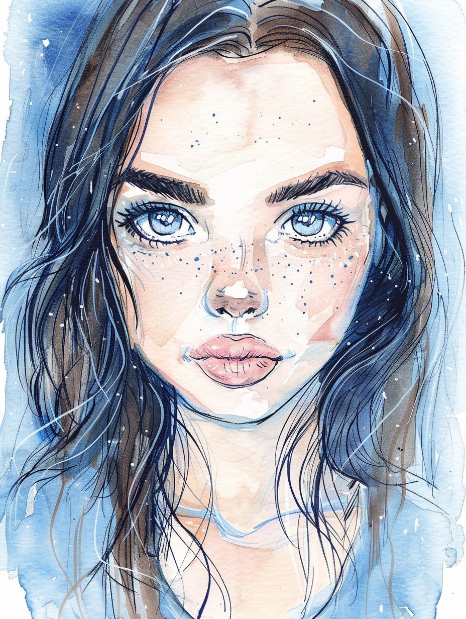 Azure Gazes: A Watercolor Study - Image 2