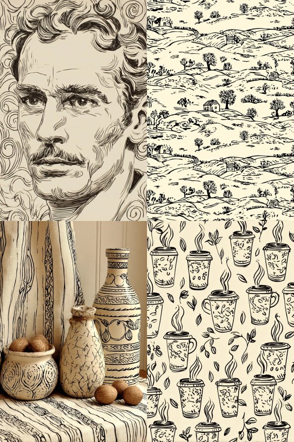 Artistic Ink Sketches and Pottery Collection