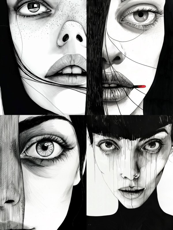 Fragmented Gazes in Monochrome Ink