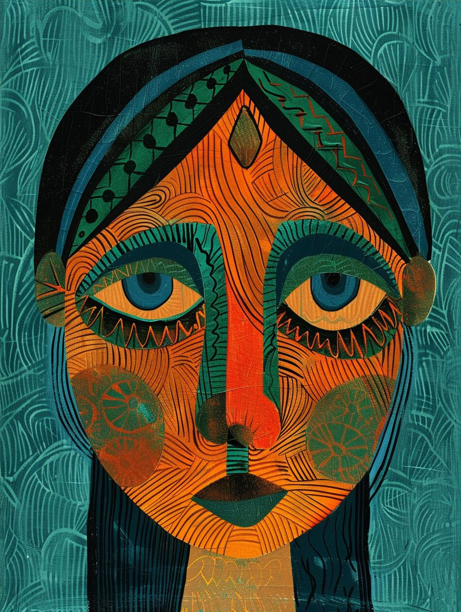Azure Mysticism Folk Art Portrait - Image 4