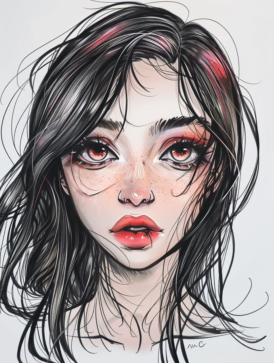 Melancholic Crimson Ink Portrait - Image 2