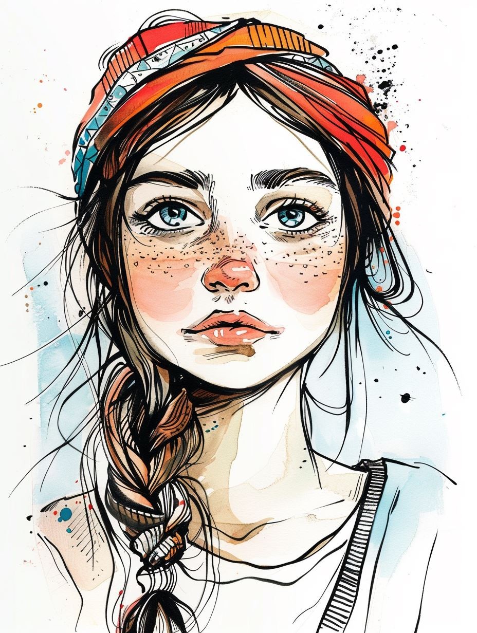 Bohemian Ink and Watercolor Portrait - Image 1