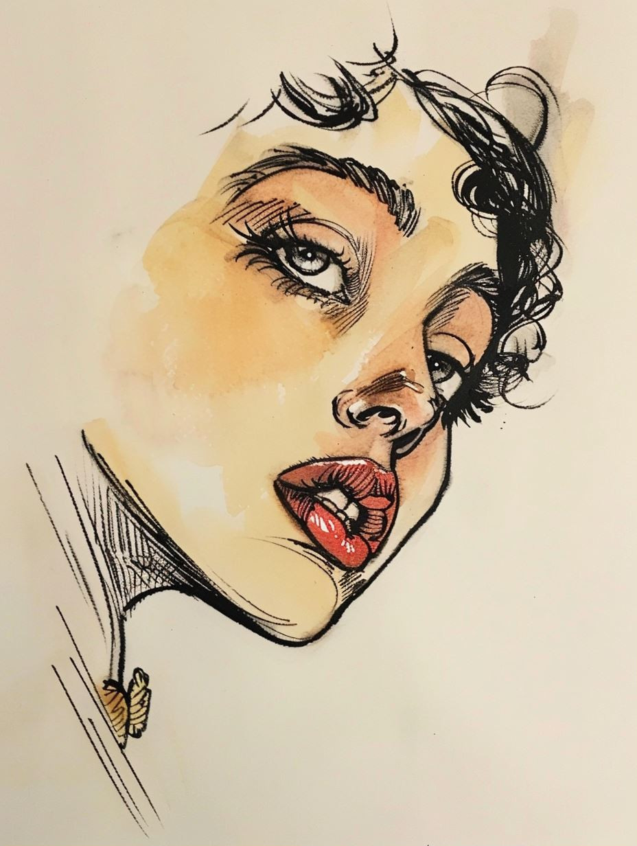 Elegant Ink and Watercolor Portrait - Image 1