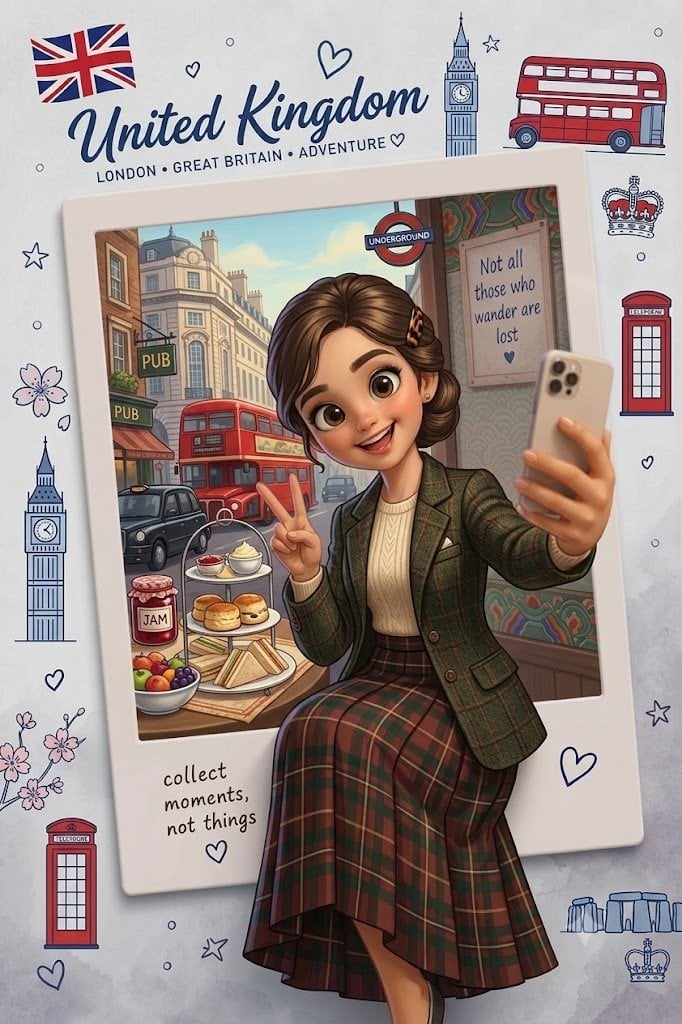 Whimsical 3D Travel Polaroid Character Scene