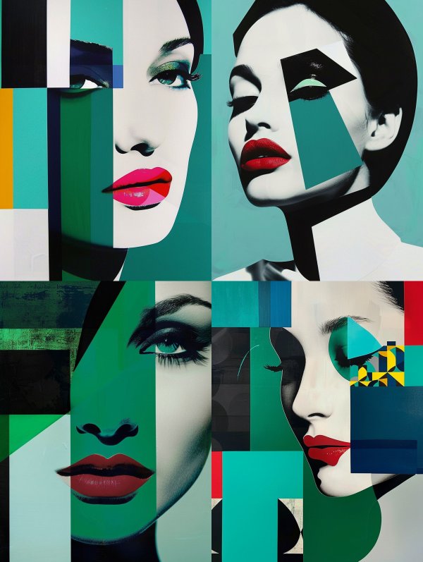 Fragmented Beauty in Teal and Crimson