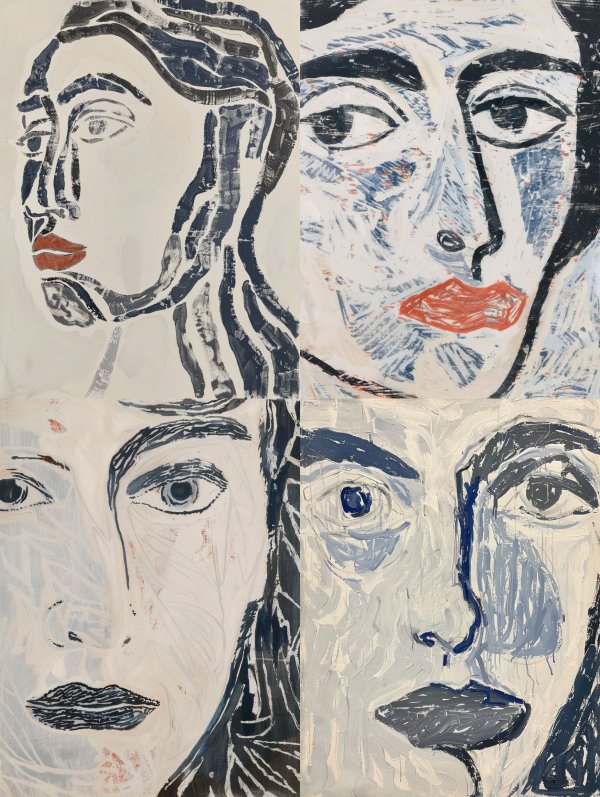 Fragmented Faces in Blue Ink