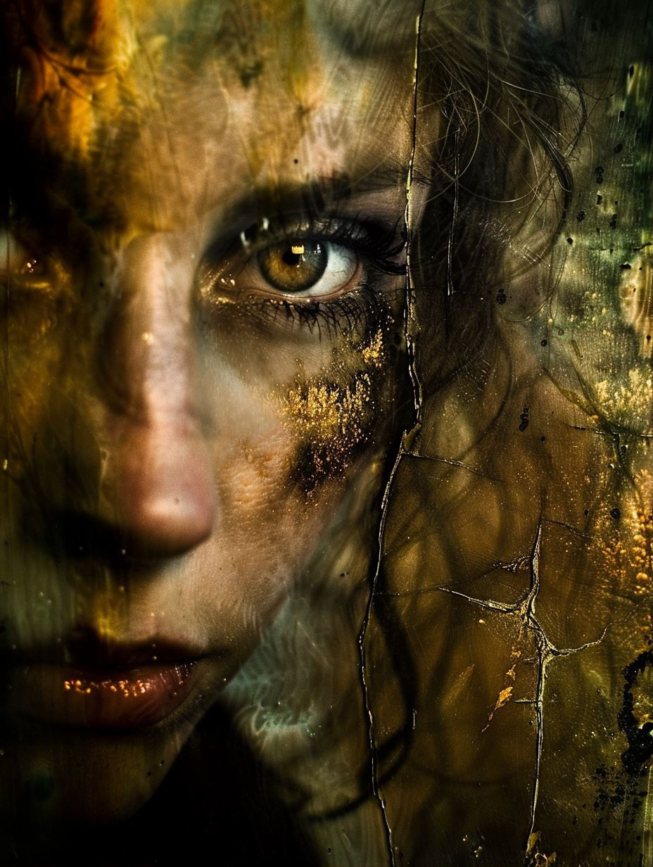 Fractured Gaze Through Golden Glass - Image 1