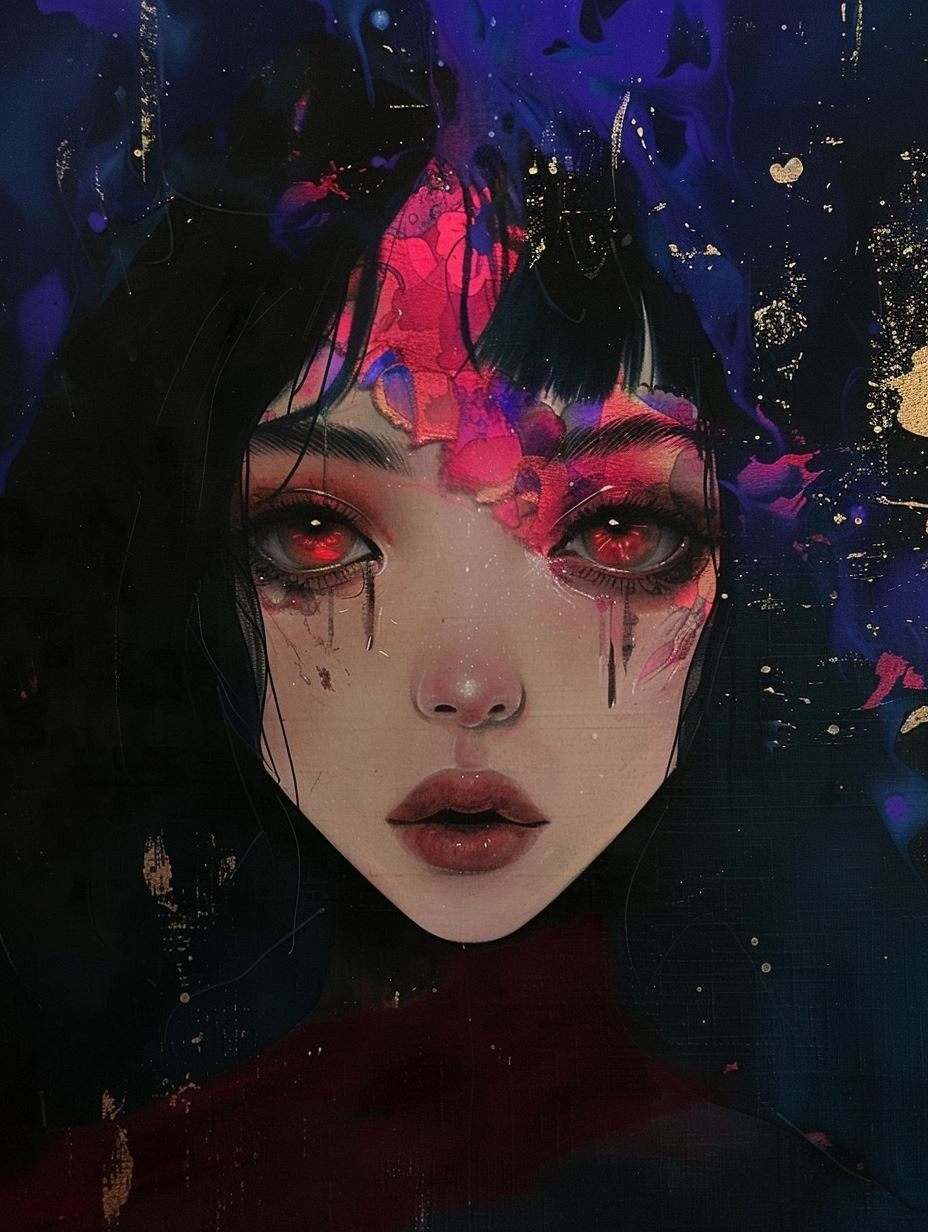 Melancholy Gaze in Crimson Hues - Image 2