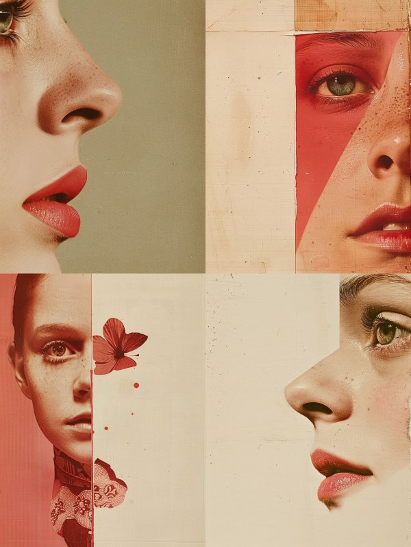 Fragmented Portraits in Crimson Hues