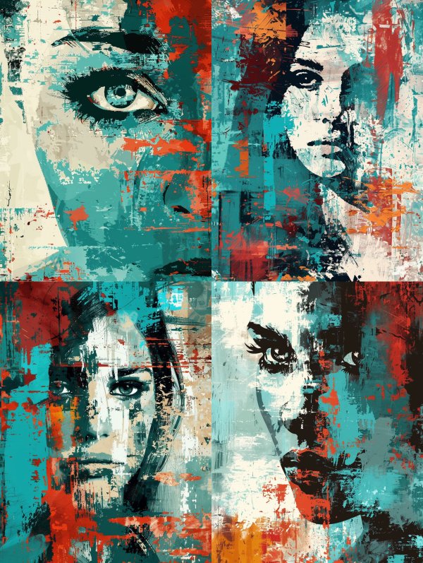 Abstract Quad-Panel Female Portraits in Teal and Red