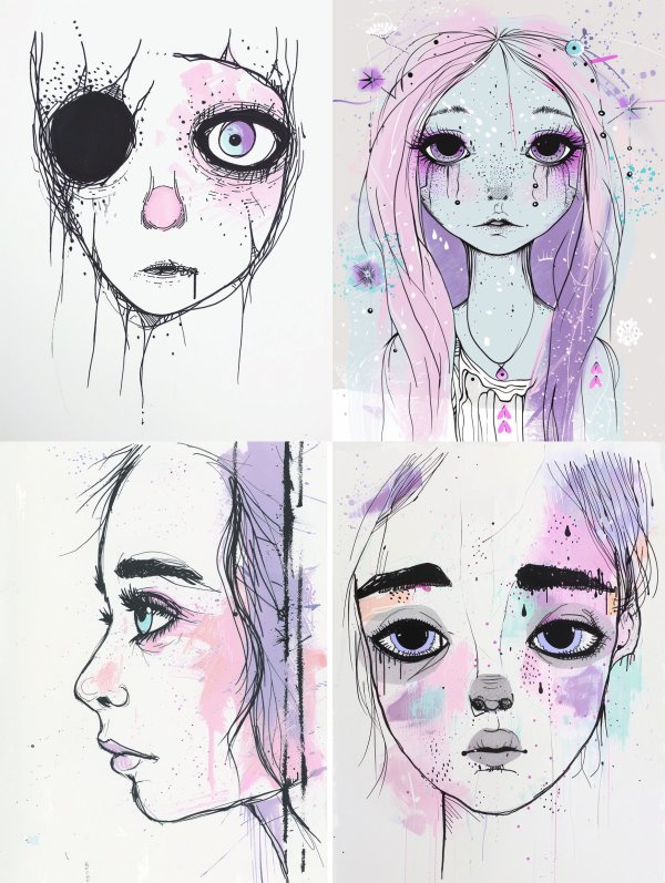 Melancholic Ink and Watercolor Portraits