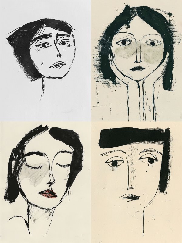 Four Abstract Ink Portraits of Women