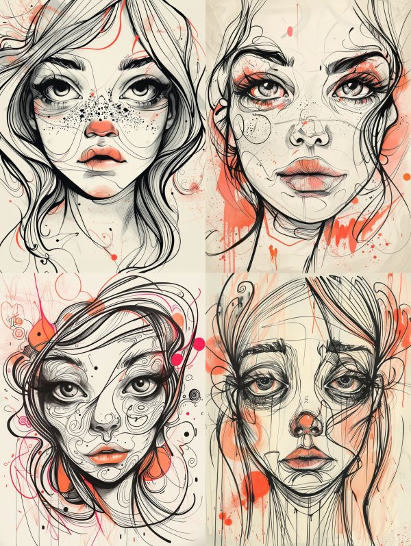 Whimsical Ink and Crimson Portraits