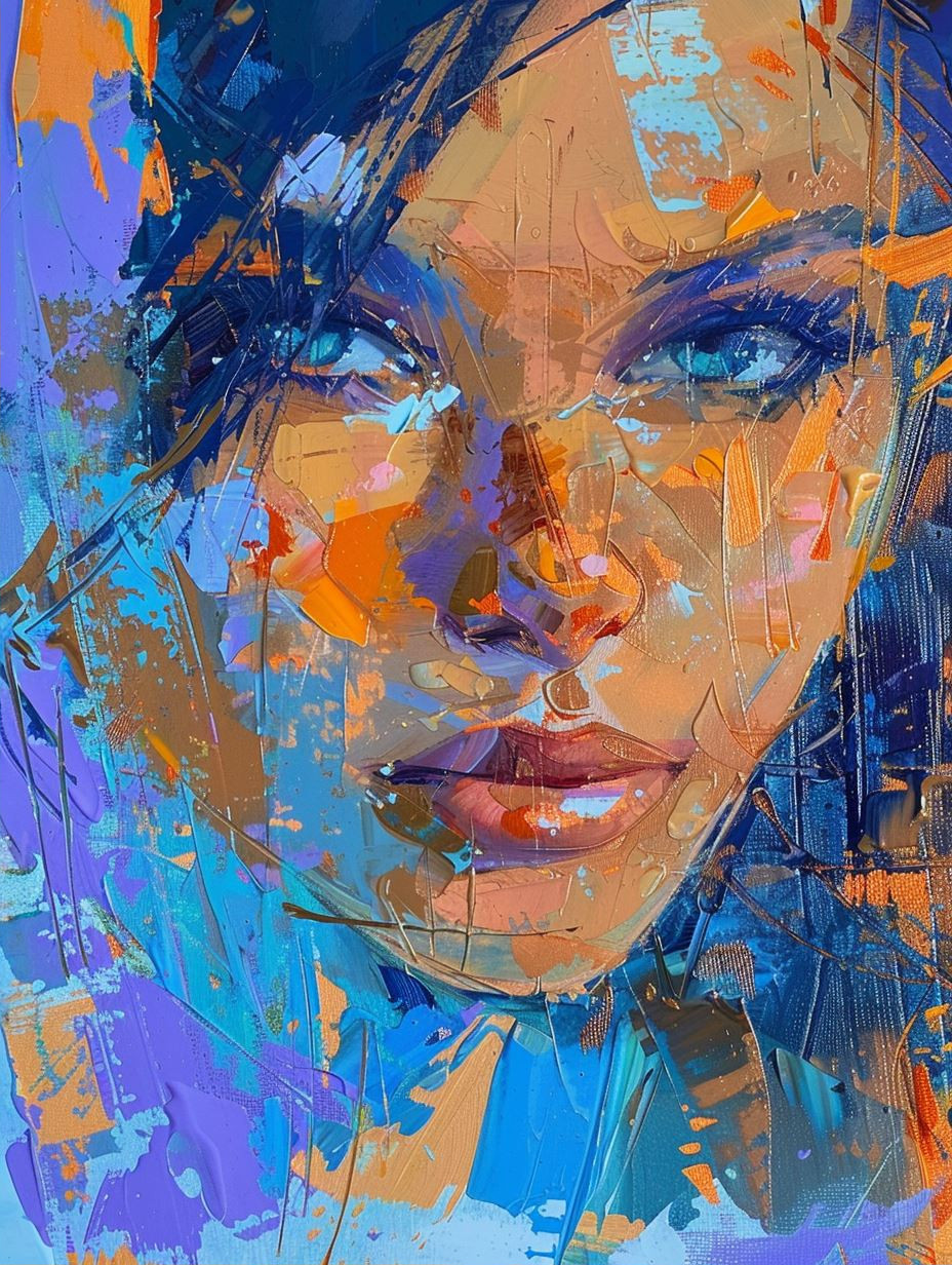 Vibrant Impasto Portrait in Blue - Image 2