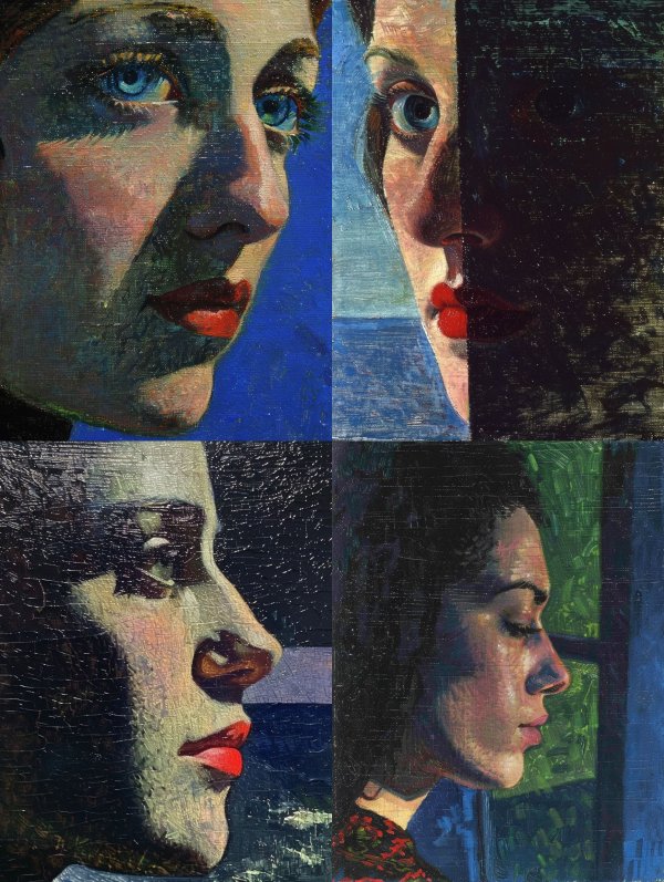 Fragmented Gazes in Blue and Shadow