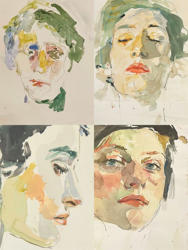 Abstract Watercolor Portrait Study Quad