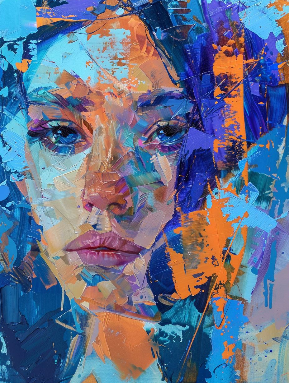 Vibrant Impasto Portrait in Blue - Image 3