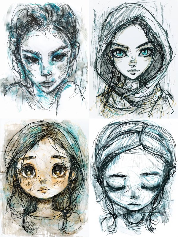 Melancholic Gaze: Four Sketchy Female Portraits