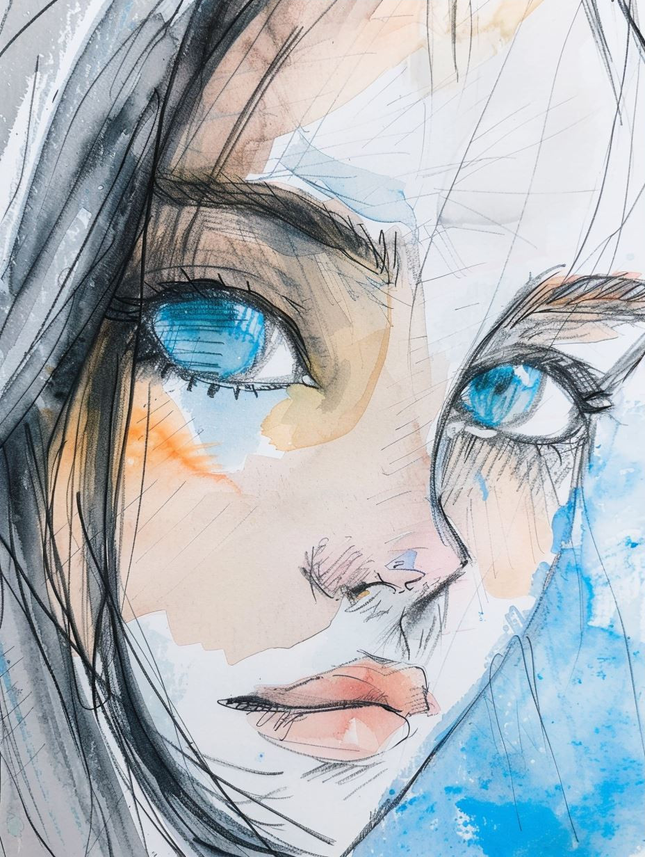 Azure Gaze: Watercolor Portrait Studies - Image 3
