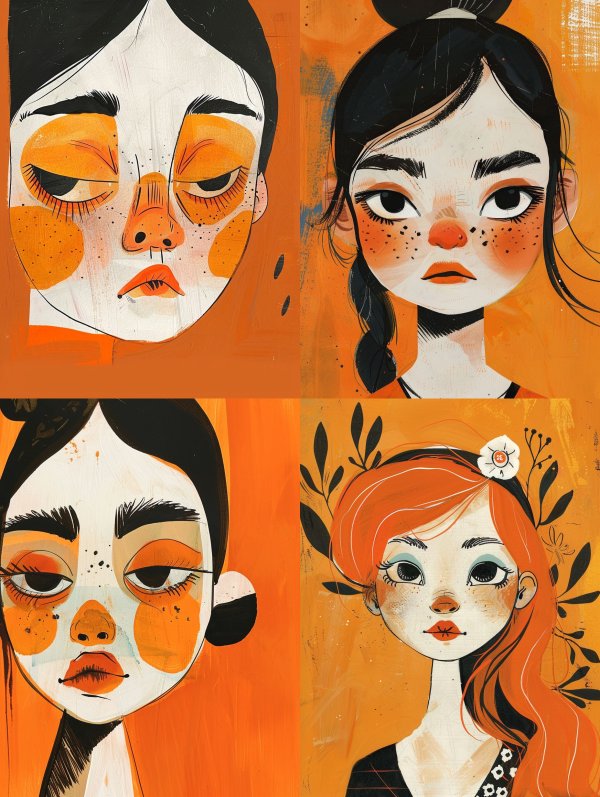 Orange Hues and Stylized Gazes