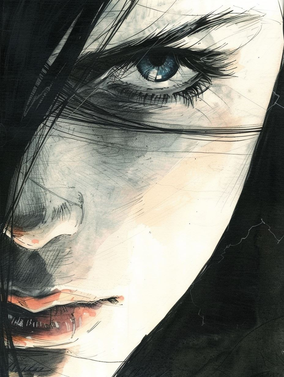 Melancholy Ink and Watercolor Portrait - Image 1