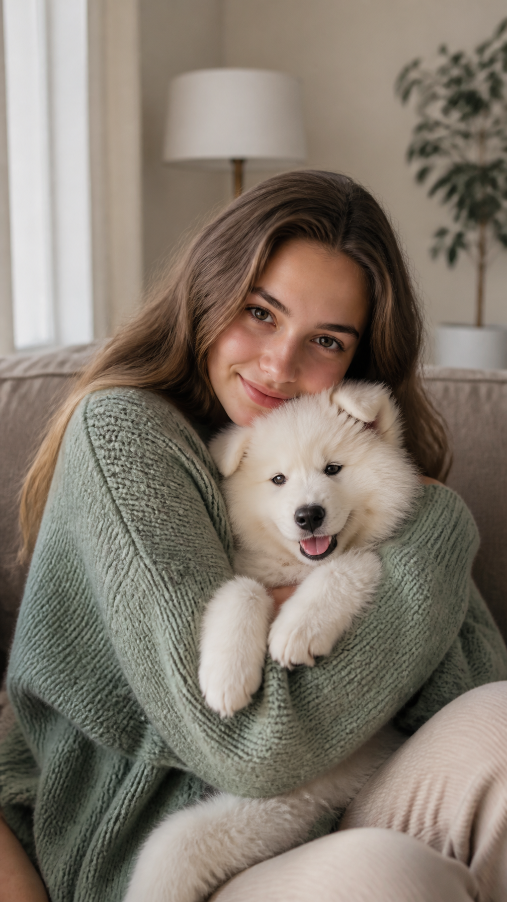Woman Hugging Samoyed Puppy in Modern Living Room